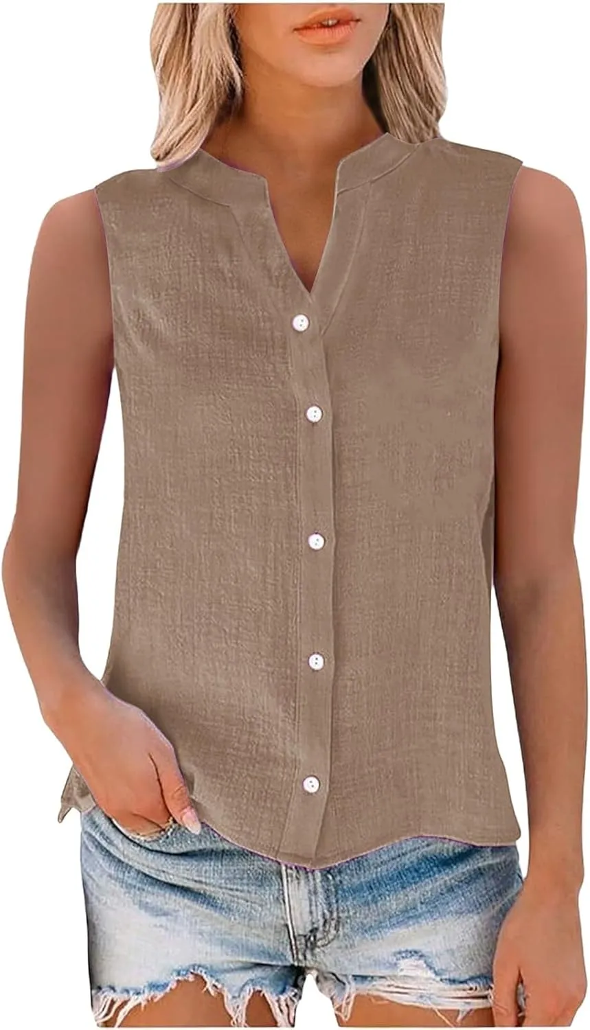 Cotton Linen Shirts for Women Sleeveless Collared Tops Oversized Button Up Blouses Work Shirts Casual Summer Tshirt
