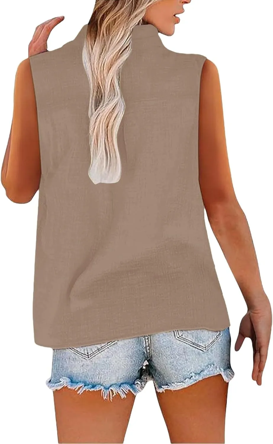 Cotton Linen Shirts for Women Sleeveless Collared Tops Oversized Button Up Blouses Work Shirts Casual Summer Tshirt