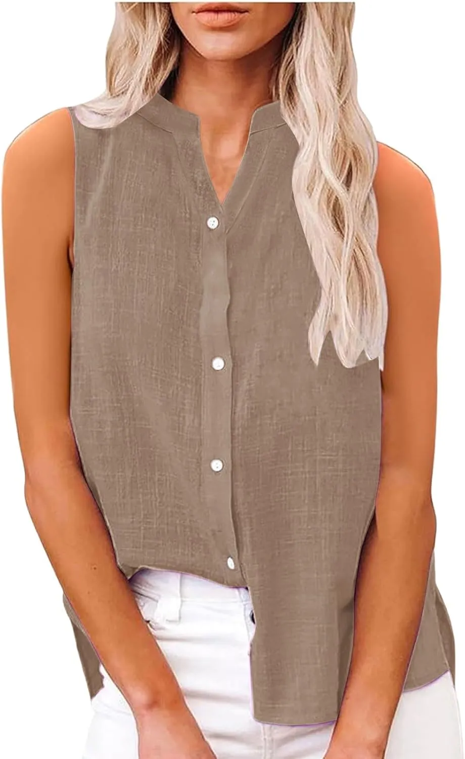 Cotton Linen Shirts for Women Sleeveless Collared Tops Oversized Button Up Blouses Work Shirts Casual Summer Tshirt