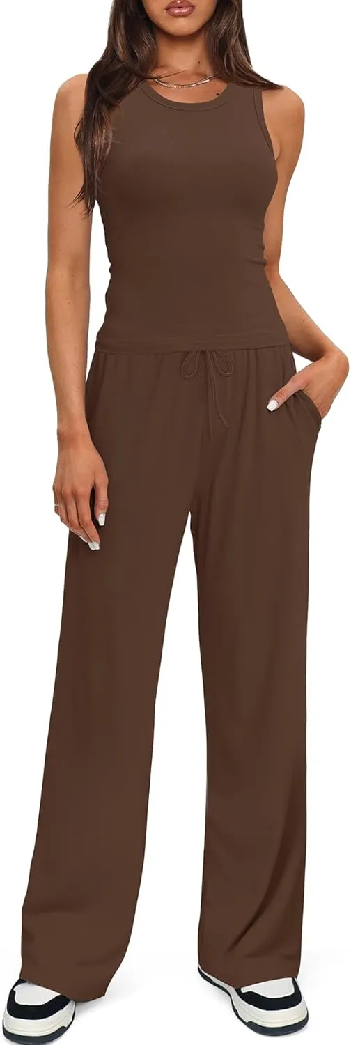 Darong Women's 2 Piece Outfits Lounge Sets Sleeveless Tank Tops Wide Leg Pants Sets Tracksuits Match Sets