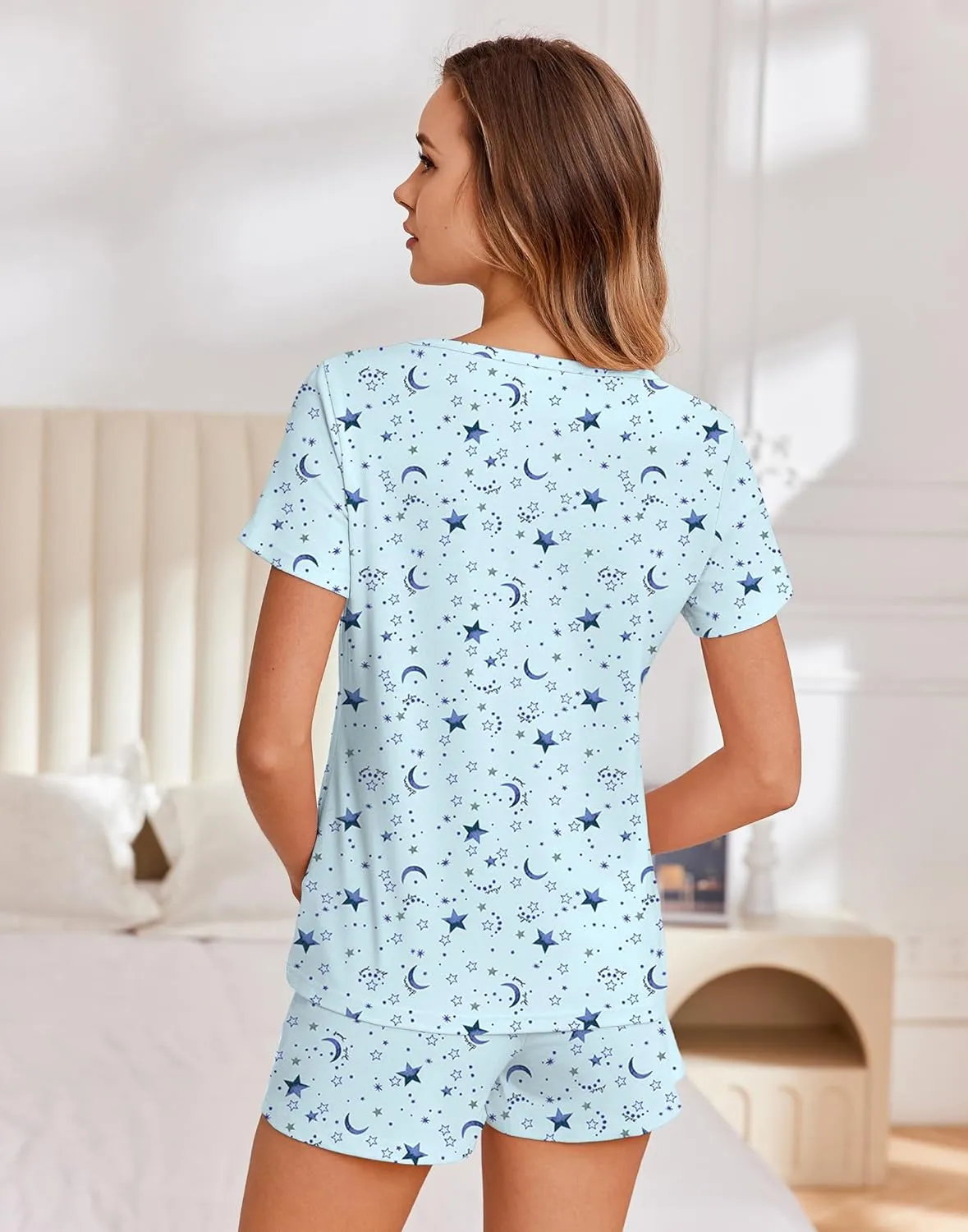 Ekouaer Cotton Pajamas for Women Set Short Sleeve Sleepwear Shorts 2 Piece Lounge Sets Soft Pjs with Pockets