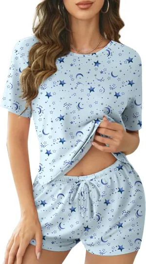 Ekouaer Cotton Pajamas for Women Set Short Sleeve Sleepwear Shorts 2 Piece Lounge Sets Soft Pjs with Pockets