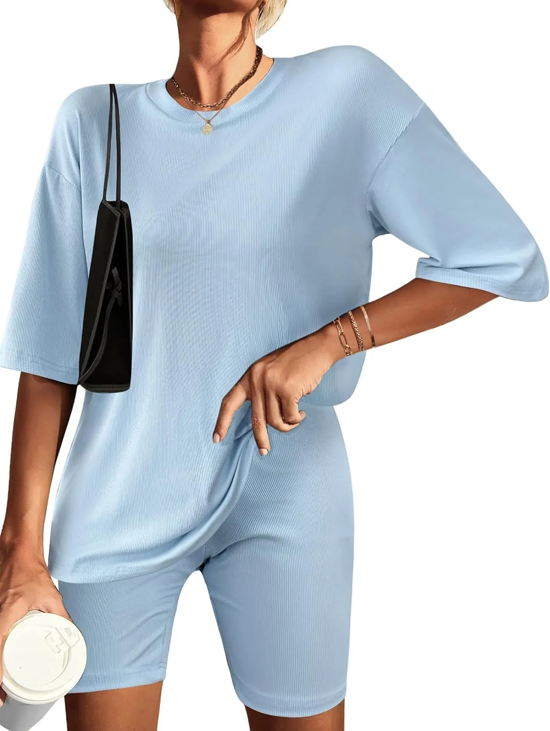 Ekouaer Womens Pajamas 2 Piece Lounge Sets Ribbed Knit Matching T-shirt Biker Shorts Outfits Sleepwear Loungewear