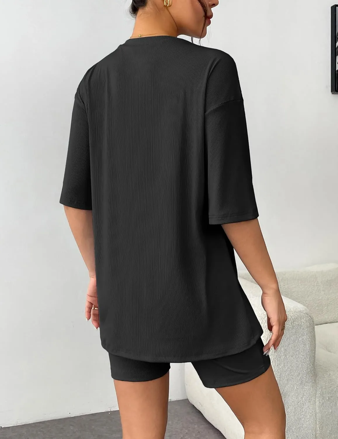 Ekouaer Womens Pajamas 2 Piece Lounge Sets Ribbed Knit Matching T-shirt Biker Shorts Outfits Sleepwear Loungewear