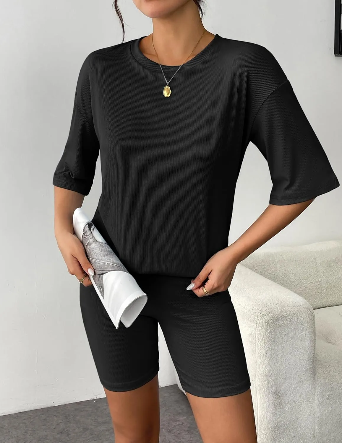 Ekouaer Womens Pajamas 2 Piece Lounge Sets Ribbed Knit Matching T-shirt Biker Shorts Outfits Sleepwear Loungewear