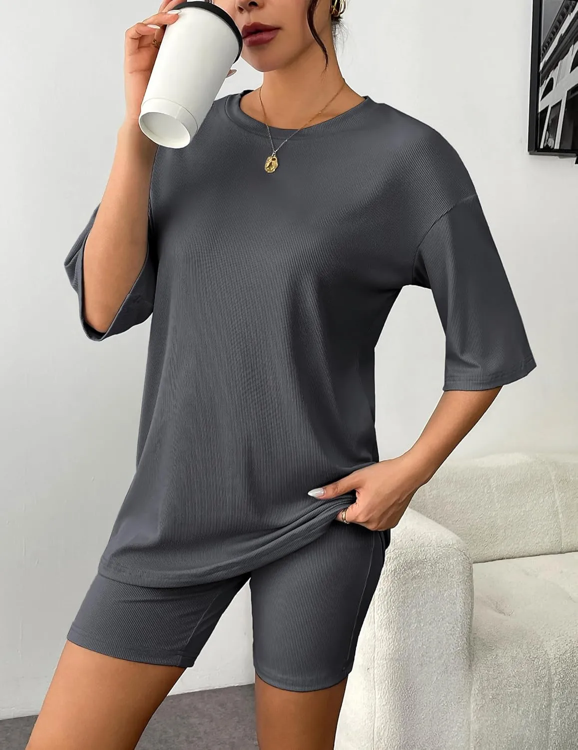 Ekouaer Womens Pajamas 2 Piece Lounge Sets Ribbed Knit Matching T-shirt Biker Shorts Outfits Sleepwear Loungewear