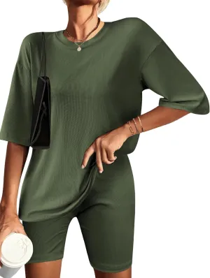 Ekouaer Womens Pajamas 2 Piece Lounge Sets Ribbed Knit Matching T-shirt Biker Shorts Outfits Sleepwear Loungewear