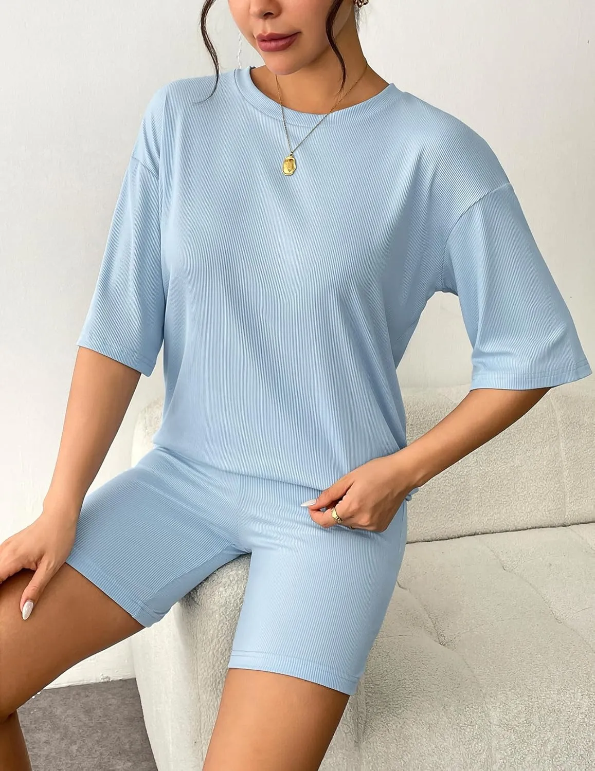 Ekouaer Womens Pajamas 2 Piece Lounge Sets Ribbed Knit Matching T-shirt Biker Shorts Outfits Sleepwear Loungewear