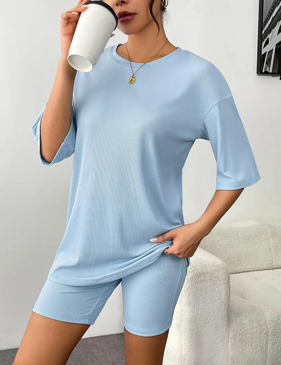 Ekouaer Womens Pajamas 2 Piece Lounge Sets Ribbed Knit Matching T-shirt Biker Shorts Outfits Sleepwear Loungewear