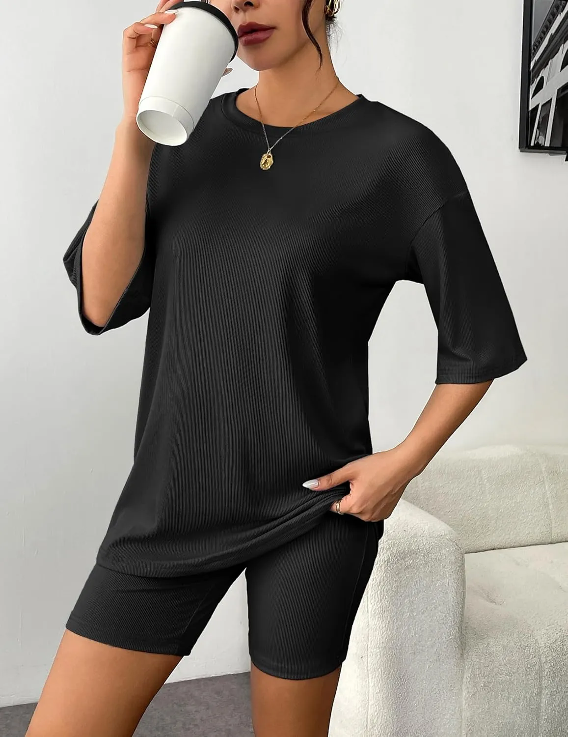 Ekouaer Womens Pajamas 2 Piece Lounge Sets Ribbed Knit Matching T-shirt Biker Shorts Outfits Sleepwear Loungewear