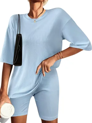 Ekouaer Womens Pajamas 2 Piece Lounge Sets Ribbed Knit Matching T-shirt Biker Shorts Outfits Sleepwear Loungewear