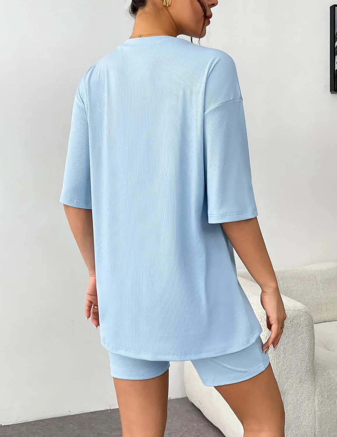 Ekouaer Womens Pajamas 2 Piece Lounge Sets Ribbed Knit Matching T-shirt Biker Shorts Outfits Sleepwear Loungewear