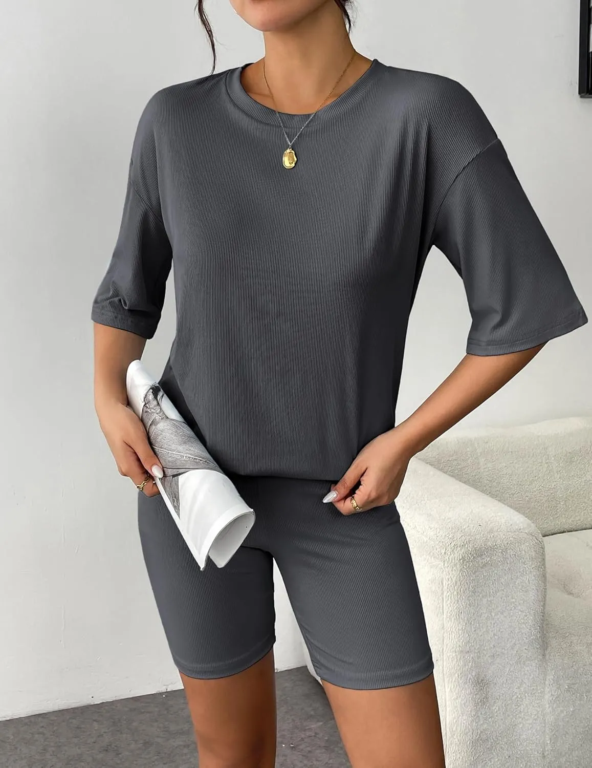 Ekouaer Womens Pajamas 2 Piece Lounge Sets Ribbed Knit Matching T-shirt Biker Shorts Outfits Sleepwear Loungewear