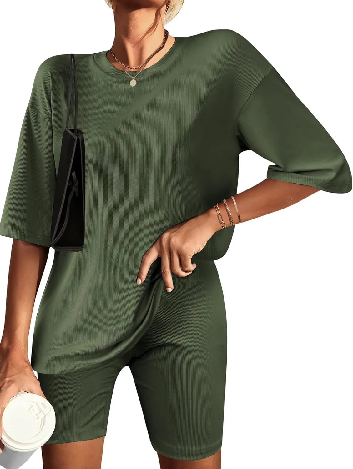 Ekouaer Womens Pajamas 2 Piece Lounge Sets Ribbed Knit Matching T-shirt Biker Shorts Outfits Sleepwear Loungewear