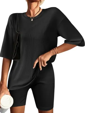 Ekouaer Womens Pajamas 2 Piece Lounge Sets Ribbed Knit Matching T-shirt Biker Shorts Outfits Sleepwear Loungewear