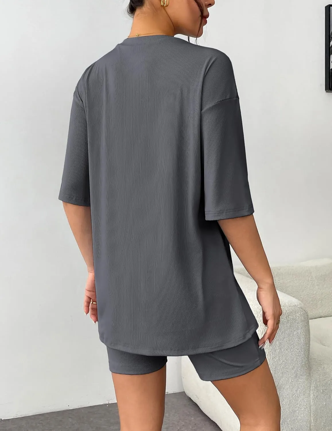 Ekouaer Womens Pajamas 2 Piece Lounge Sets Ribbed Knit Matching T-shirt Biker Shorts Outfits Sleepwear Loungewear