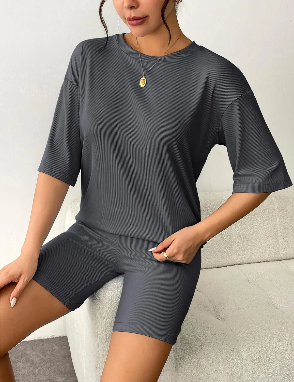 Ekouaer Womens Pajamas 2 Piece Lounge Sets Ribbed Knit Matching T-shirt Biker Shorts Outfits Sleepwear Loungewear
