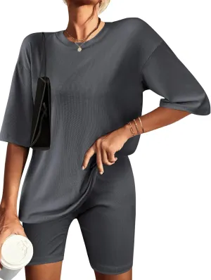 Ekouaer Womens Pajamas 2 Piece Lounge Sets Ribbed Knit Matching T-shirt Biker Shorts Outfits Sleepwear Loungewear