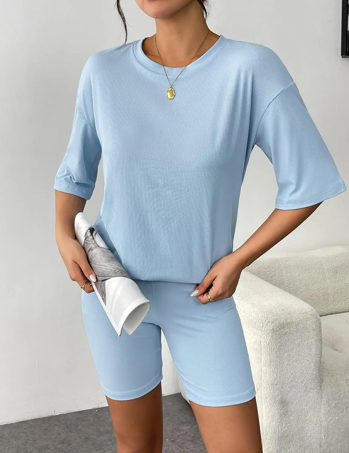 Ekouaer Womens Pajamas 2 Piece Lounge Sets Ribbed Knit Matching T-shirt Biker Shorts Outfits Sleepwear Loungewear
