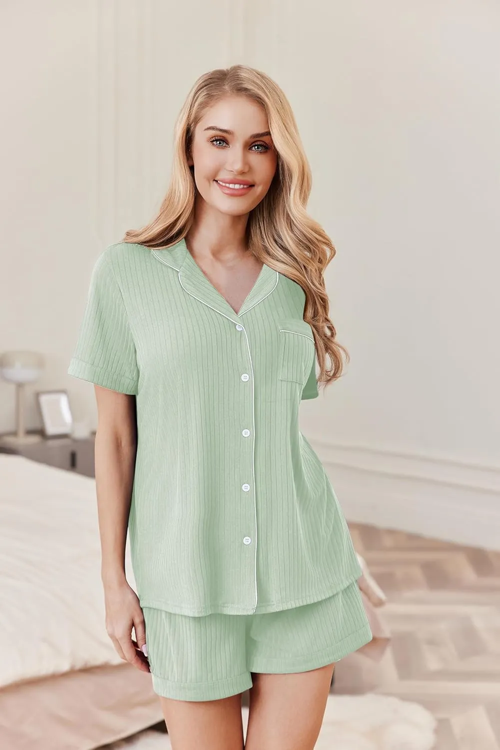 Ekouaer Womens Pajamas 2 Piece Ribbed Knit Pjs Button Down Sleepwear Set Summer Casual Loungewear Lounge Sets