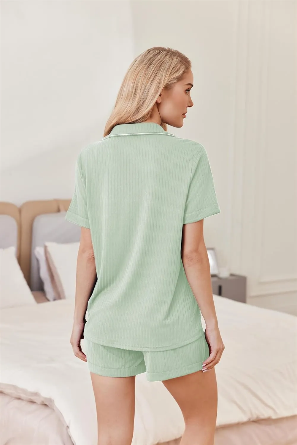 Ekouaer Womens Pajamas 2 Piece Ribbed Knit Pjs Button Down Sleepwear Set Summer Casual Loungewear Lounge Sets