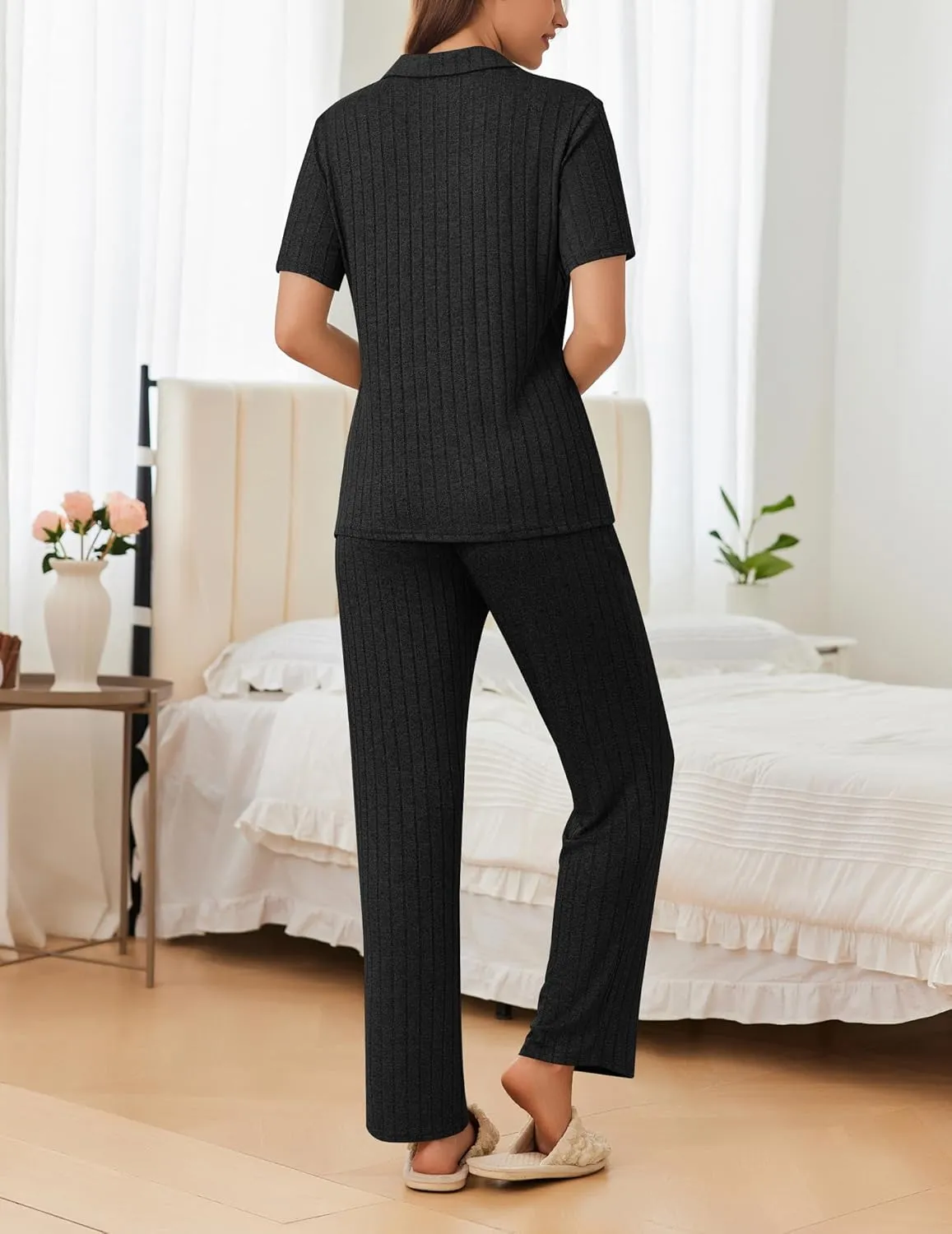 Ekouaer Womens Rib Knit Pajamas Button Up Lounge Sets Short Sleeve Top and Long Pants Matching Pjs Sleepwear Loungewear