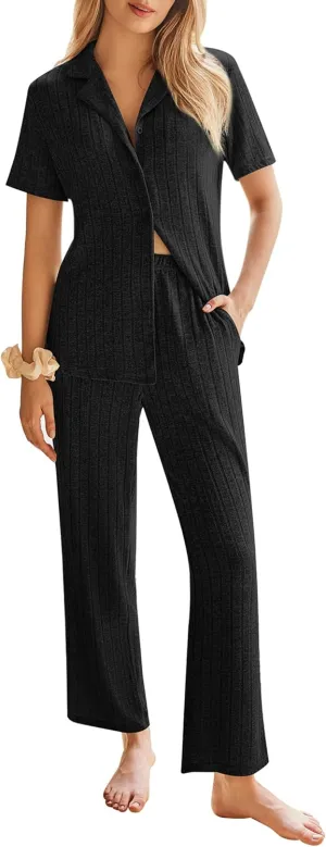 Ekouaer Womens Rib Knit Pajamas Button Up Lounge Sets Short Sleeve Top and Long Pants Matching Pjs Sleepwear Loungewear
