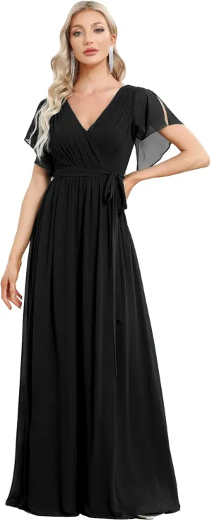 Ever-Pretty Women's Bridesmaid Dress V-Neck Ruffle Sleeves Ruched Bust Floor Length Chiffon Formal Dresses 0164A
