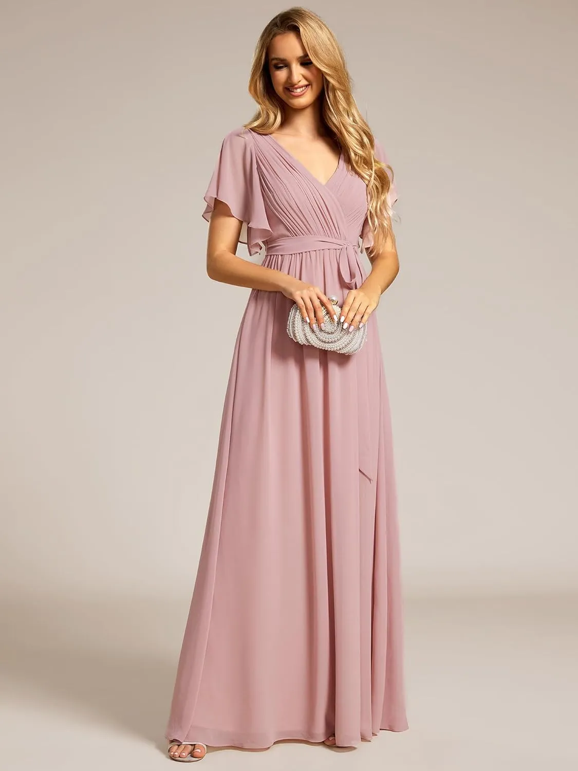 Ever-Pretty Women's Bridesmaid Dress V-Neck Ruffle Sleeves Ruched Bust Floor Length Chiffon Formal Dresses 0164A