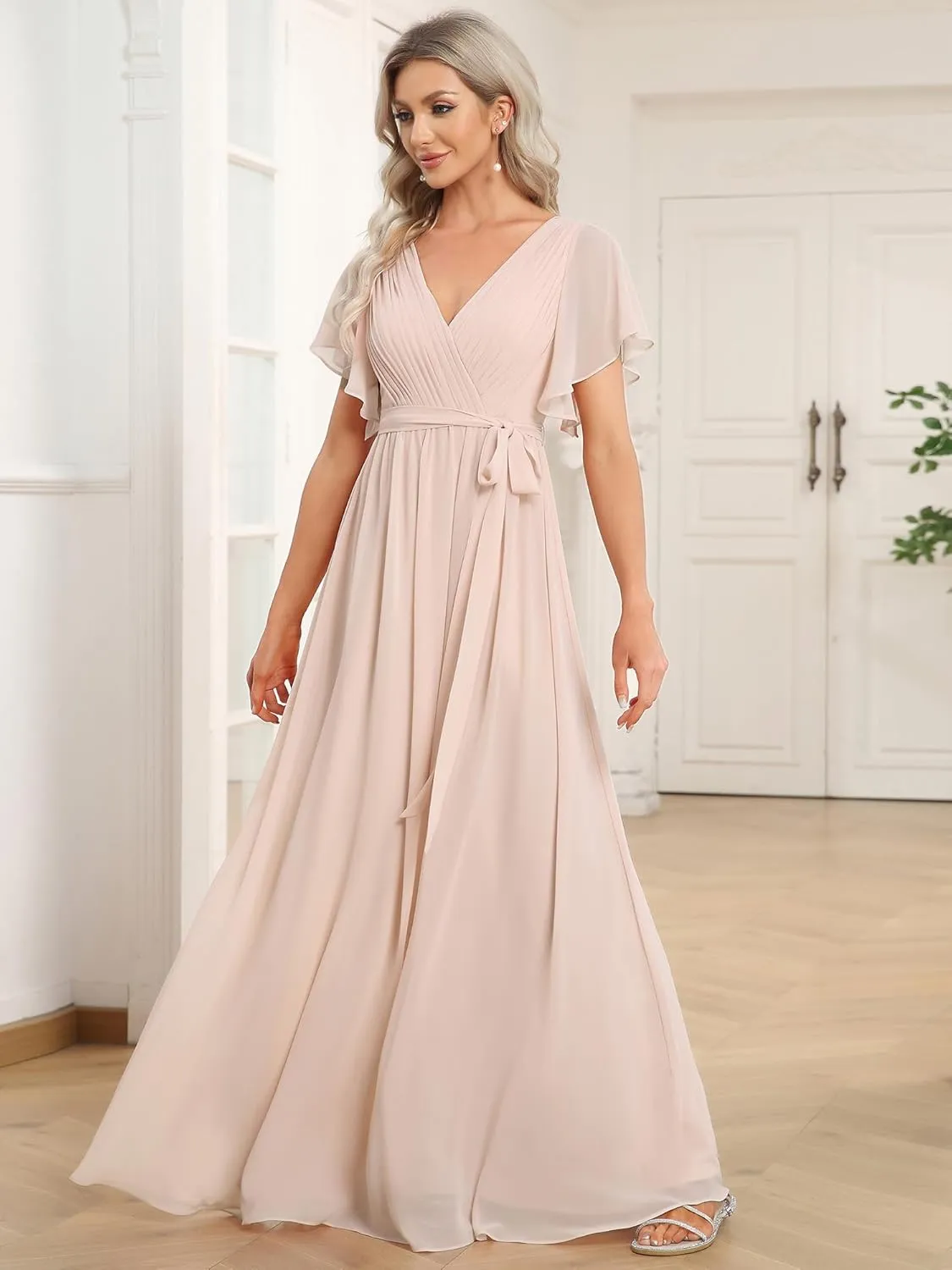 Ever-Pretty Women's Bridesmaid Dress V-Neck Ruffle Sleeves Ruched Bust Floor Length Chiffon Formal Dresses 0164A