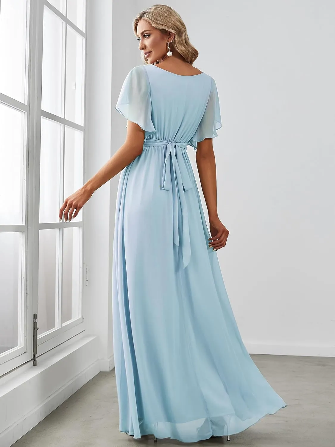 Ever-Pretty Women's Bridesmaid Dress V-Neck Ruffle Sleeves Ruched Bust Floor Length Chiffon Formal Dresses 0164A