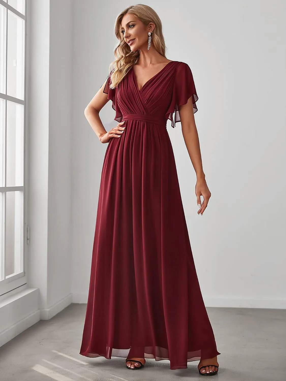 Ever-Pretty Women's Bridesmaid Dress V-Neck Ruffle Sleeves Ruched Bust Floor Length Chiffon Formal Dresses 0164A