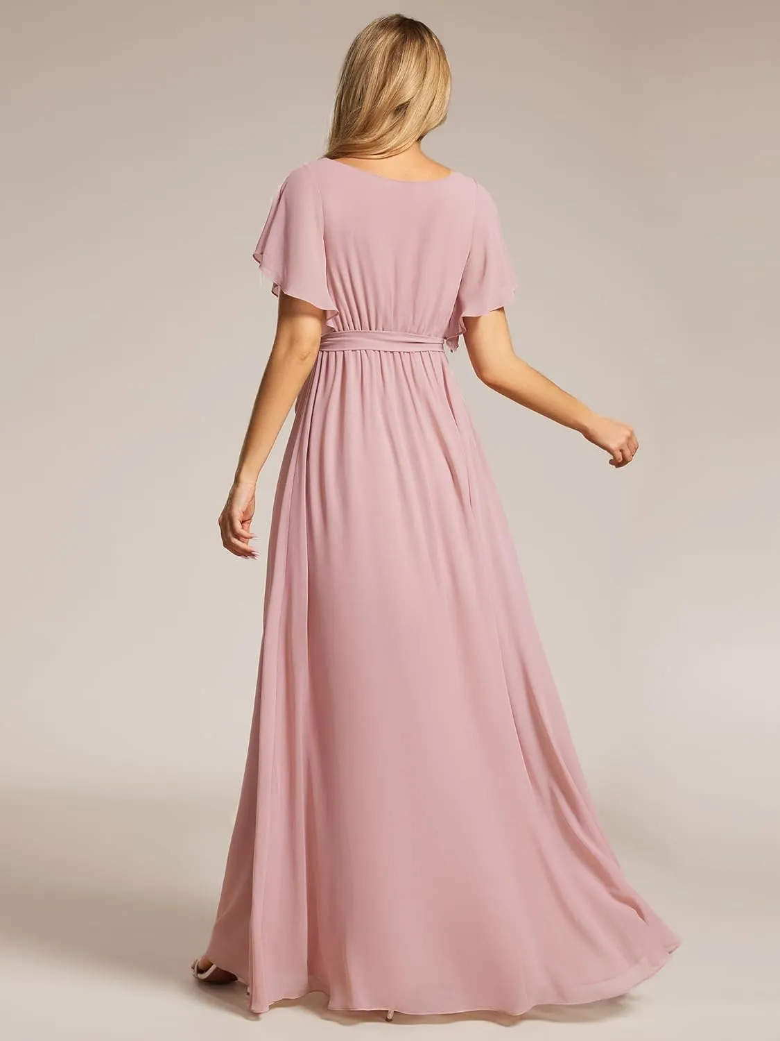 Ever-Pretty Women's Bridesmaid Dress V-Neck Ruffle Sleeves Ruched Bust Floor Length Chiffon Formal Dresses 0164A