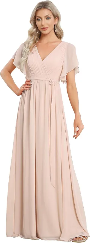 Ever-Pretty Women's Bridesmaid Dress V-Neck Ruffle Sleeves Ruched Bust Floor Length Chiffon Formal Dresses 0164A