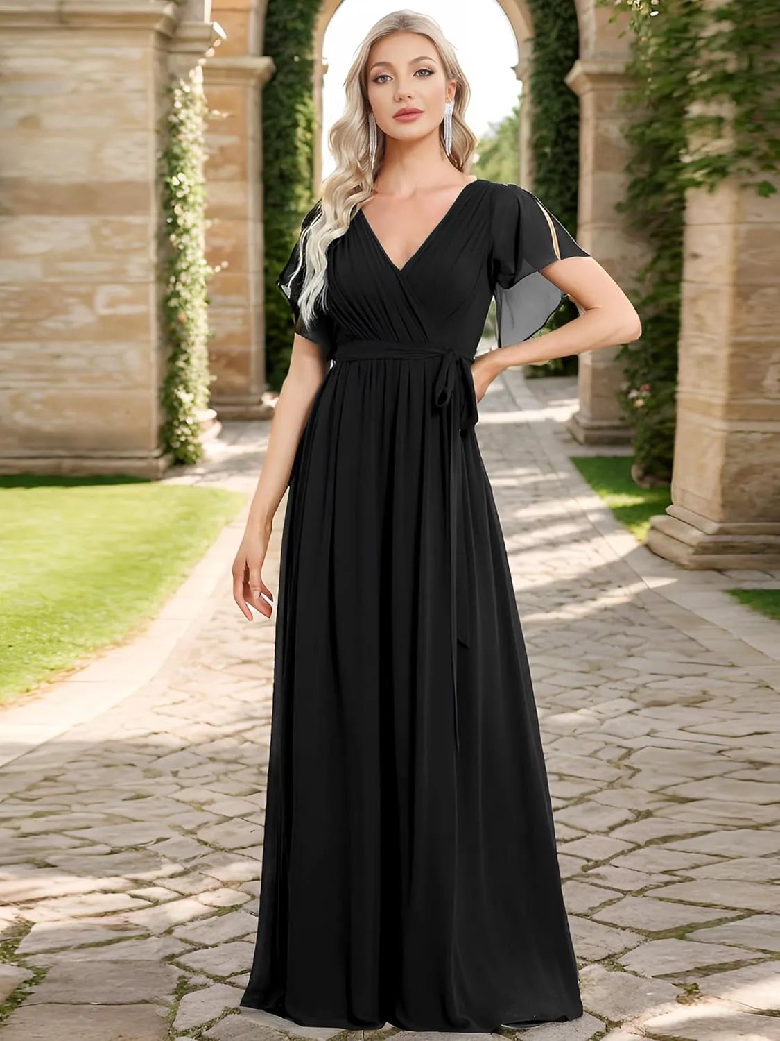 Ever-Pretty Women's Bridesmaid Dress V-Neck Ruffle Sleeves Ruched Bust Floor Length Chiffon Formal Dresses 0164A