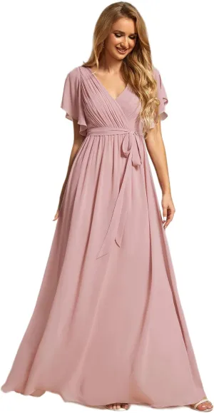 Ever-Pretty Women's Bridesmaid Dress V-Neck Ruffle Sleeves Ruched Bust Floor Length Chiffon Formal Dresses 0164A