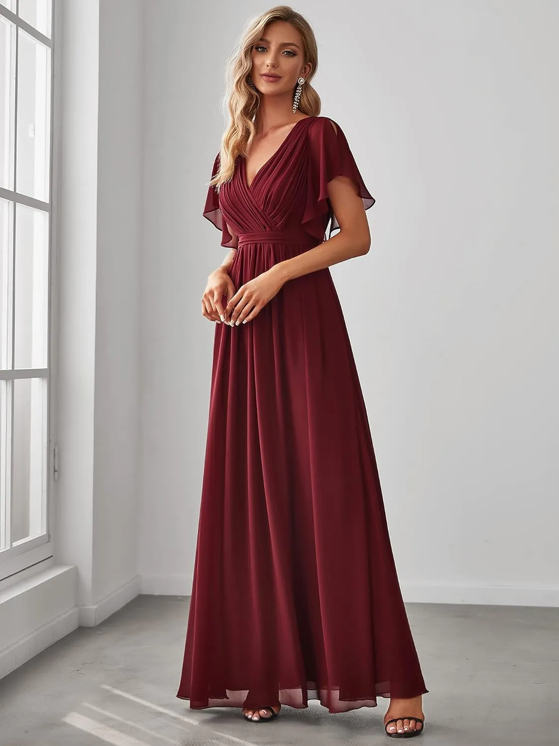 Ever-Pretty Women's Bridesmaid Dress V-Neck Ruffle Sleeves Ruched Bust Floor Length Chiffon Formal Dresses 0164A