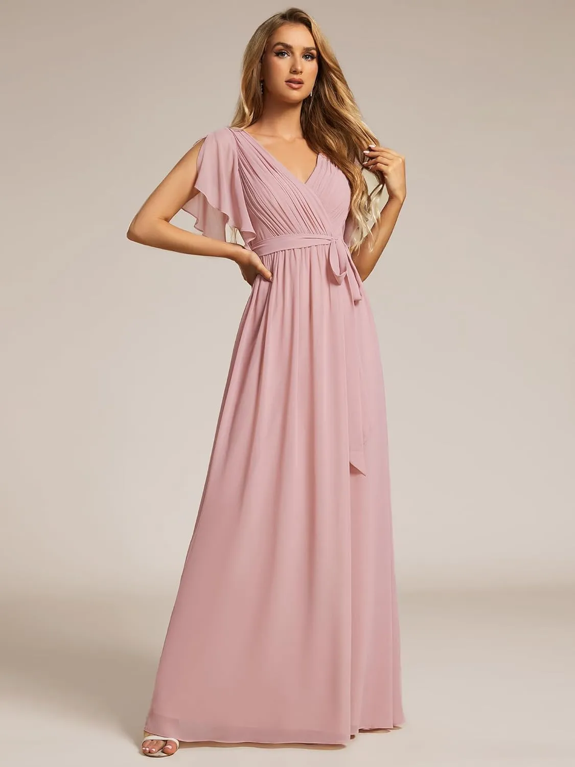Ever-Pretty Women's Bridesmaid Dress V-Neck Ruffle Sleeves Ruched Bust Floor Length Chiffon Formal Dresses 0164A