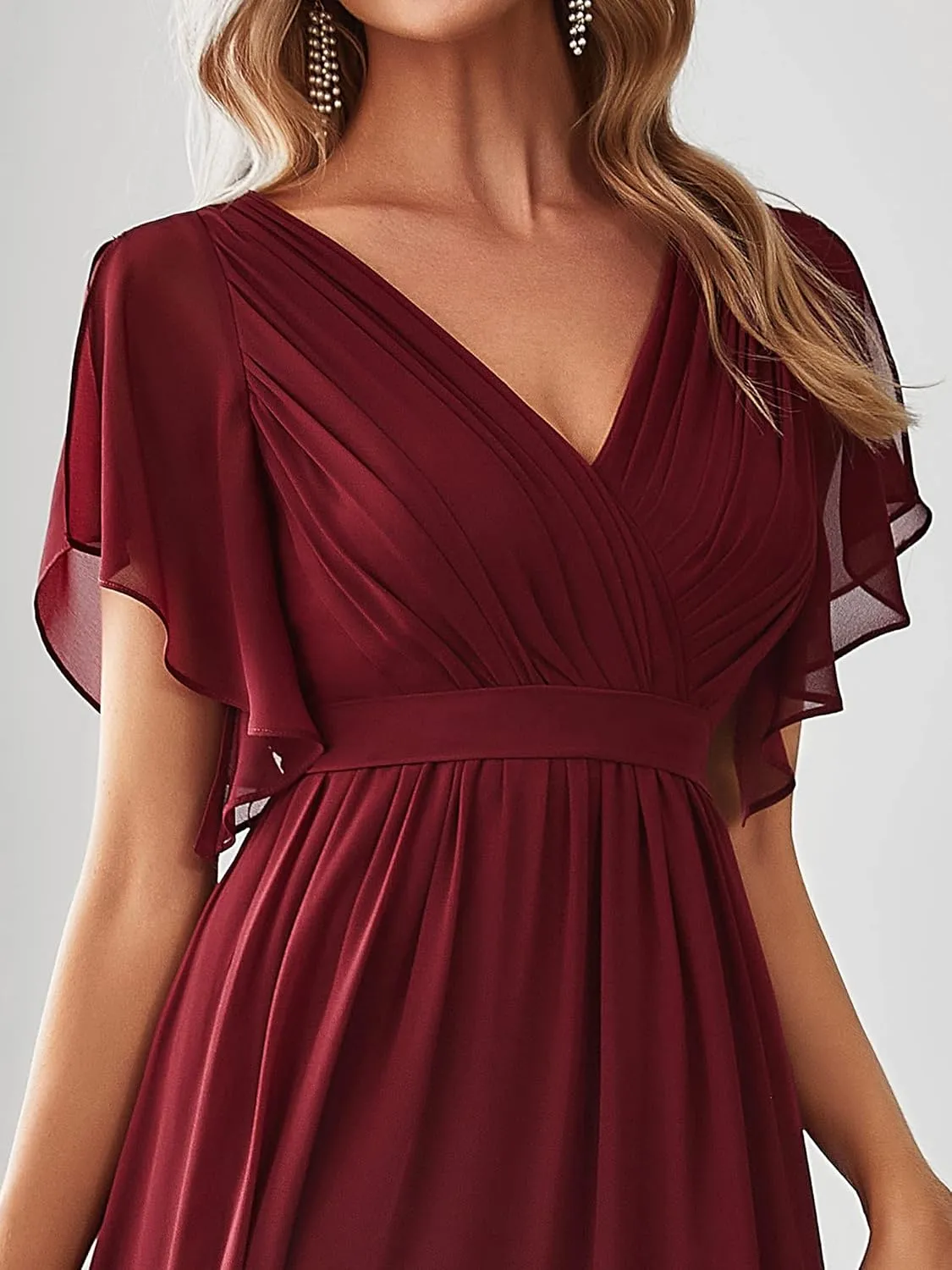 Ever-Pretty Women's Bridesmaid Dress V-Neck Ruffle Sleeves Ruched Bust Floor Length Chiffon Formal Dresses 0164A