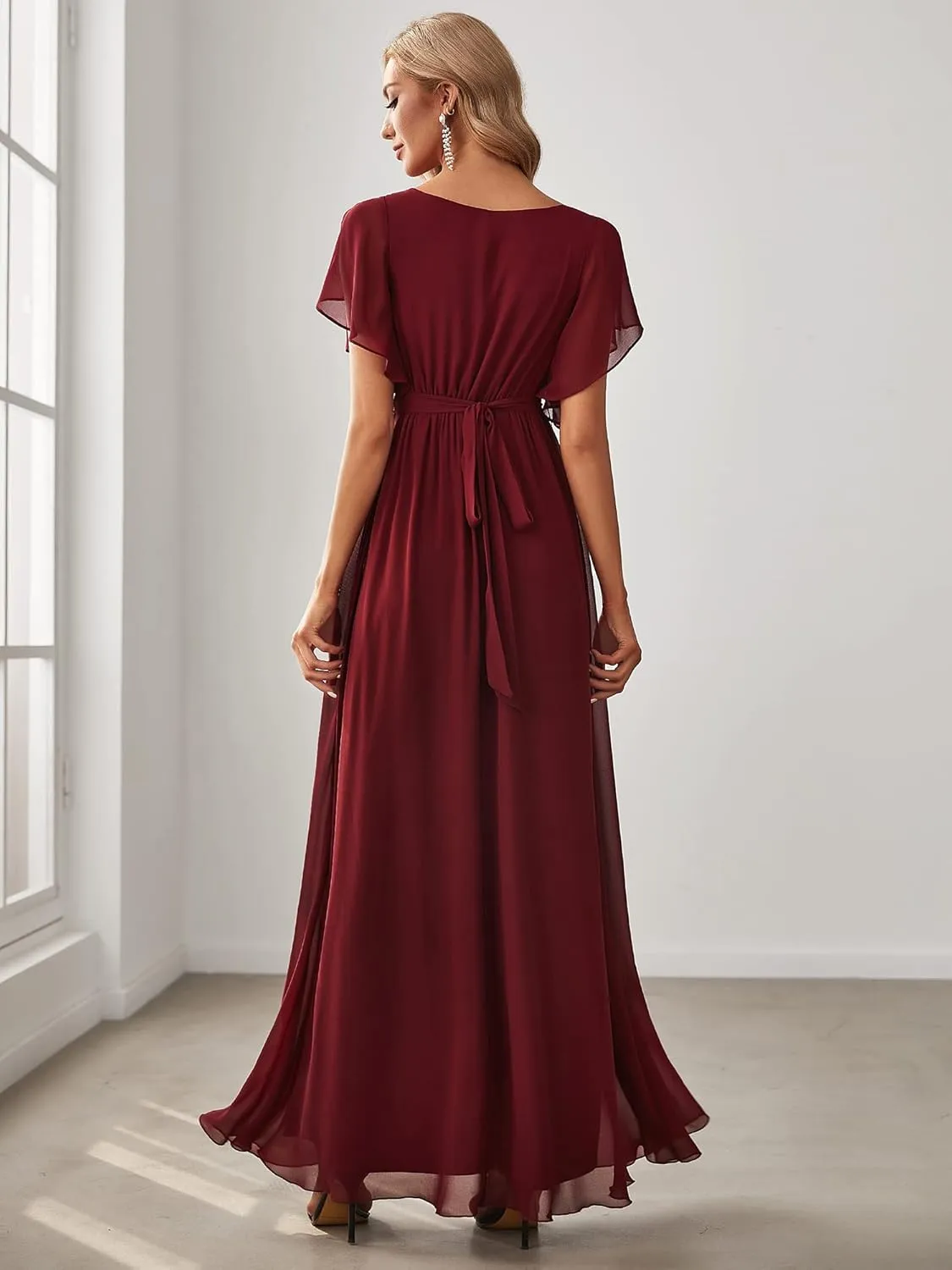 Ever-Pretty Women's Bridesmaid Dress V-Neck Ruffle Sleeves Ruched Bust Floor Length Chiffon Formal Dresses 0164A