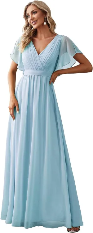 Ever-Pretty Women's Bridesmaid Dress V-Neck Ruffle Sleeves Ruched Bust Floor Length Chiffon Formal Dresses 0164A