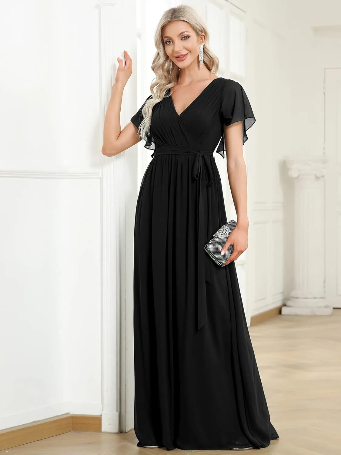 Ever-Pretty Women's Bridesmaid Dress V-Neck Ruffle Sleeves Ruched Bust Floor Length Chiffon Formal Dresses 0164A