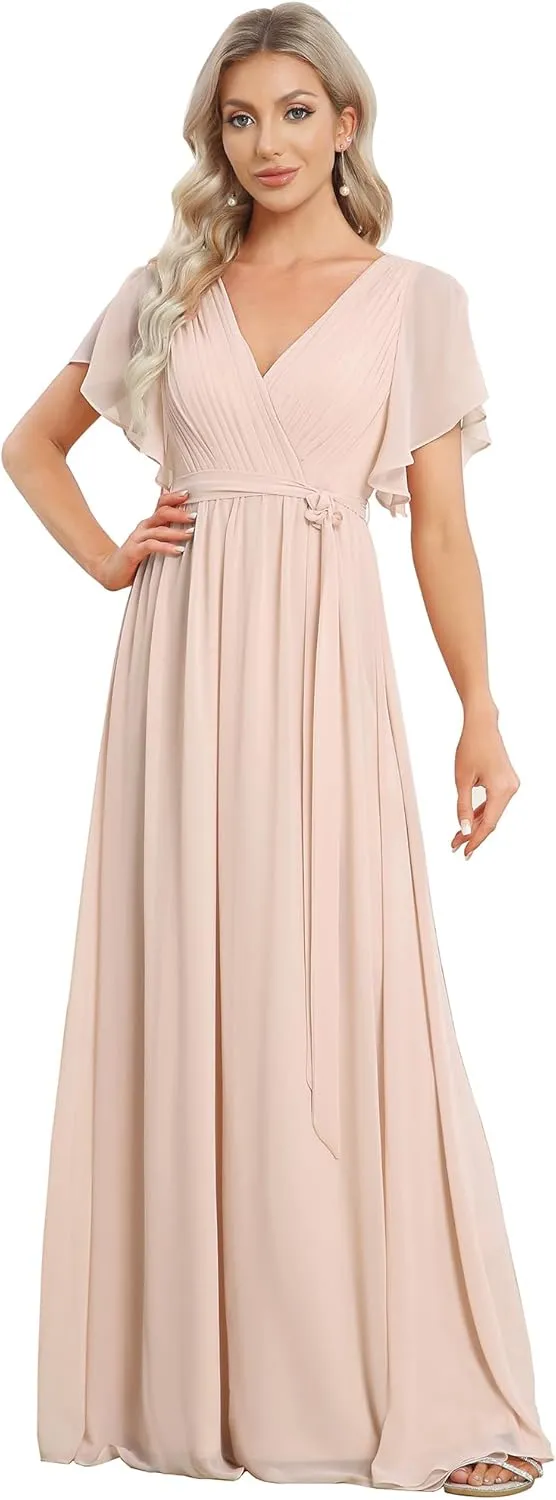 Ever-Pretty Women's Bridesmaid Dress V-Neck Ruffle Sleeves Ruched Bust Floor Length Chiffon Formal Dresses 0164A