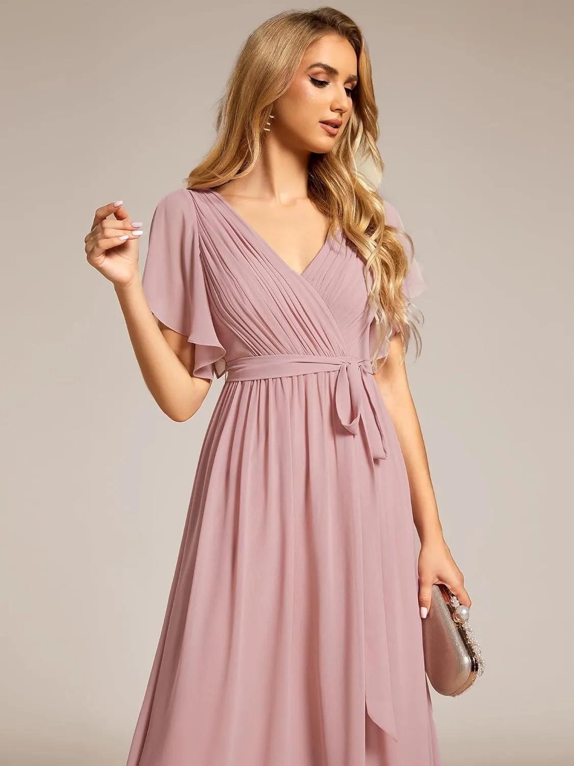 Ever-Pretty Women's Bridesmaid Dress V-Neck Ruffle Sleeves Ruched Bust Floor Length Chiffon Formal Dresses 0164A