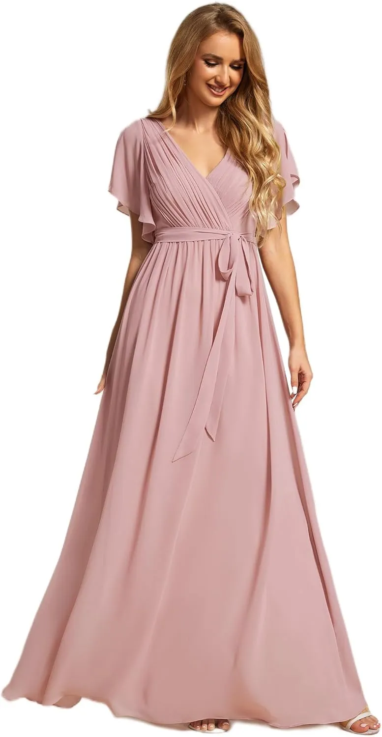 Ever-Pretty Women's Bridesmaid Dress V-Neck Ruffle Sleeves Ruched Bust Floor Length Chiffon Formal Dresses 0164A