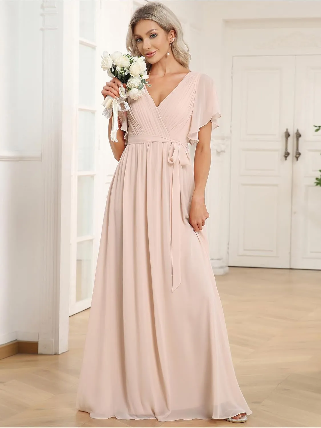Ever-Pretty Women's Bridesmaid Dress V-Neck Ruffle Sleeves Ruched Bust Floor Length Chiffon Formal Dresses 0164A