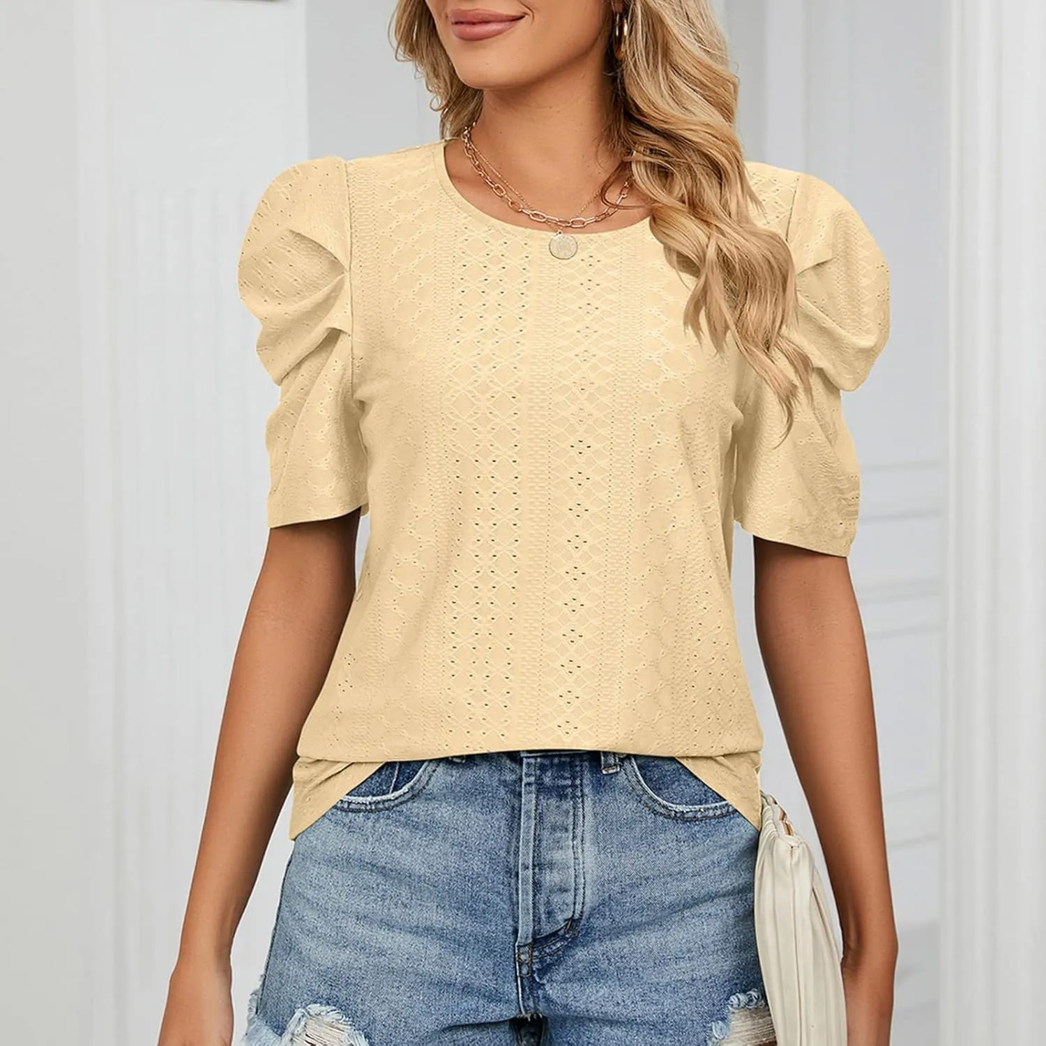 Eyelet Blouses for Women Dressy Casual Puff Short Sleeve Tops Fashion Crew Neck Tunic Shirts Elegant Business Shirt
