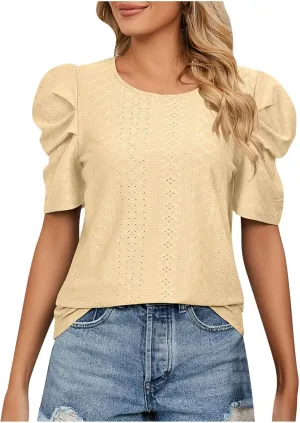 Eyelet Blouses for Women Dressy Casual Puff Short Sleeve Tops Fashion Crew Neck Tunic Shirts Elegant Business Shirt