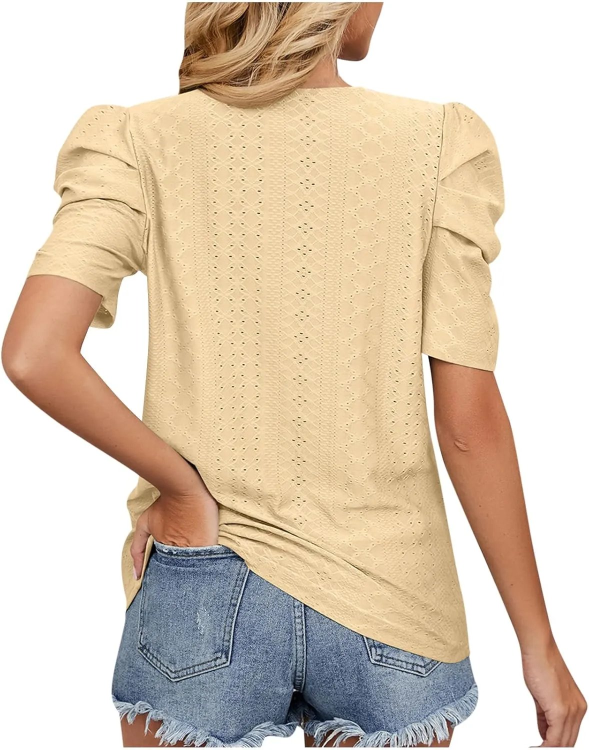 Eyelet Blouses for Women Dressy Casual Puff Short Sleeve Tops Fashion Crew Neck Tunic Shirts Elegant Business Shirt