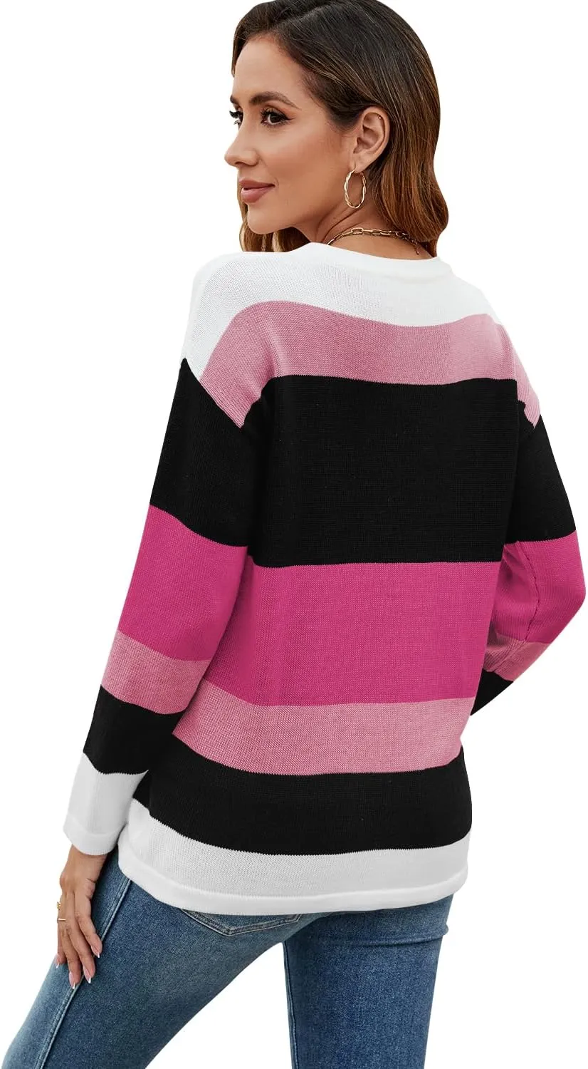 FEKOAFE Women's 2025 Cute Striped Sweaters Crew Neck Long Sleeve Pullover Sweaters for Women
